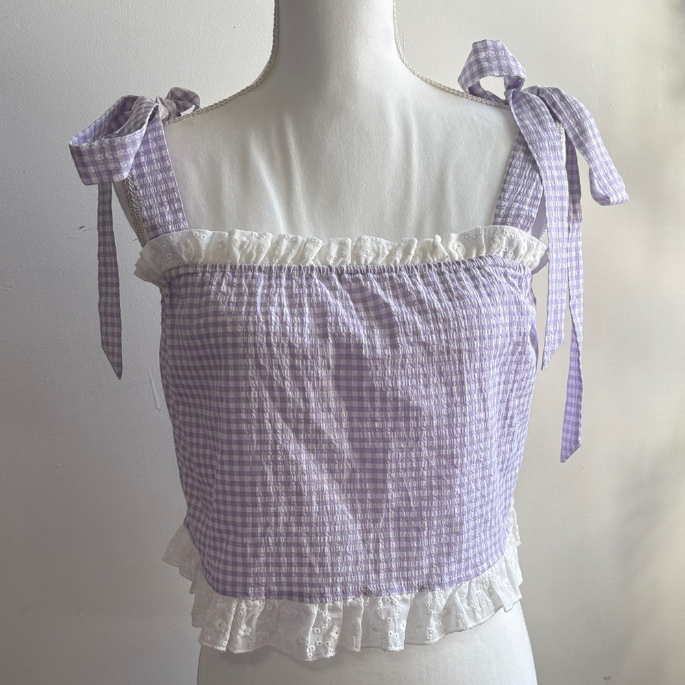 Le Lis Purple Gingham Ruffle Crop Top
